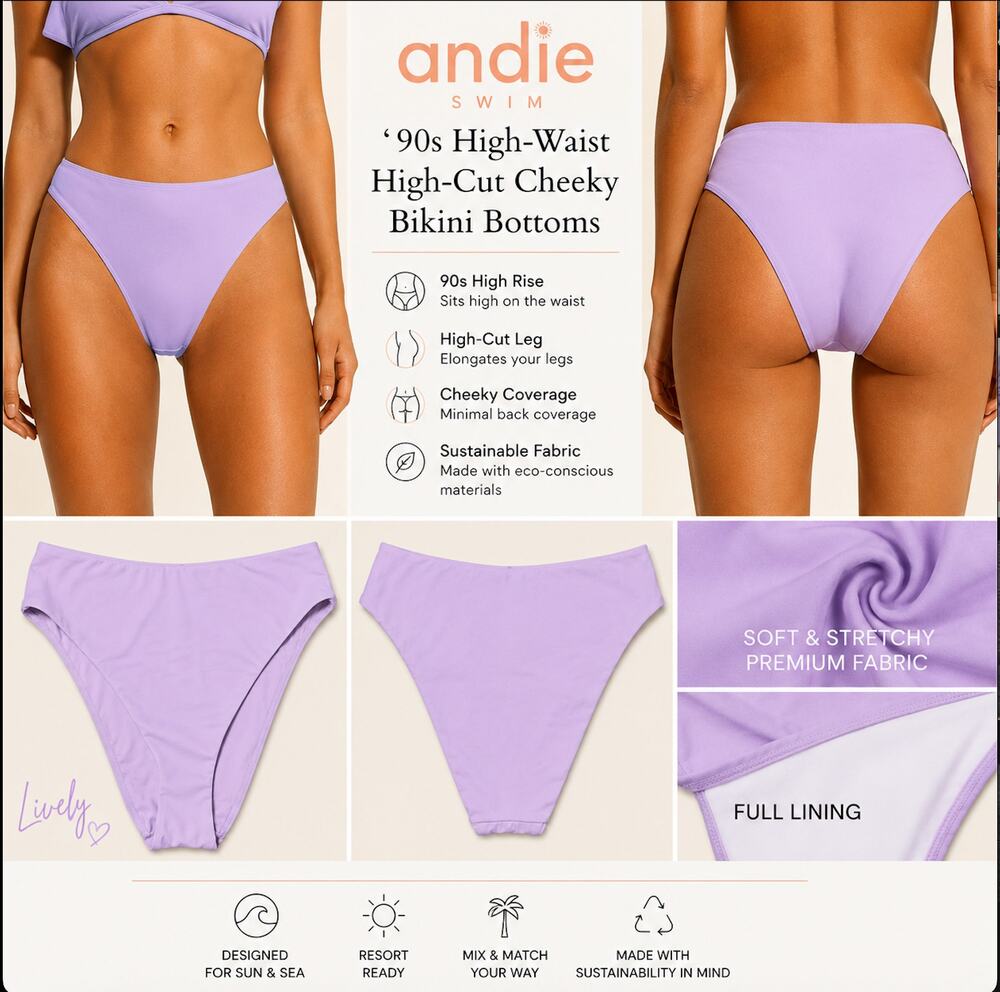 Andie The '90s High-Waist High-Cut Cheeky Bikini Bottom Lively NWT Women's XL
